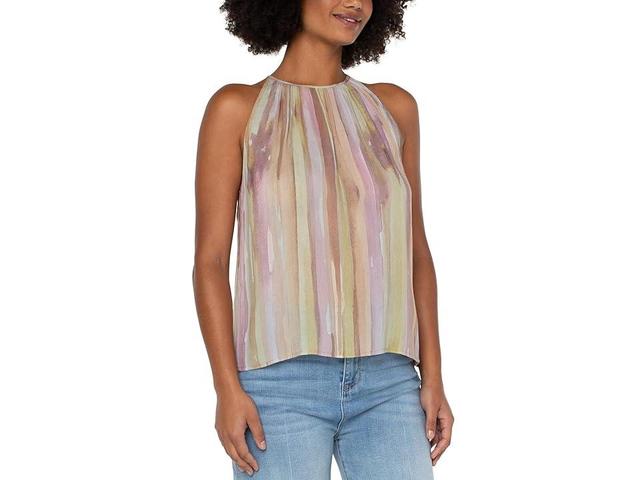 Liverpool Los Angeles Sleeveless Mock Neck Halter Top (Watercolor Stripe Print) Women's Clothing Product Image