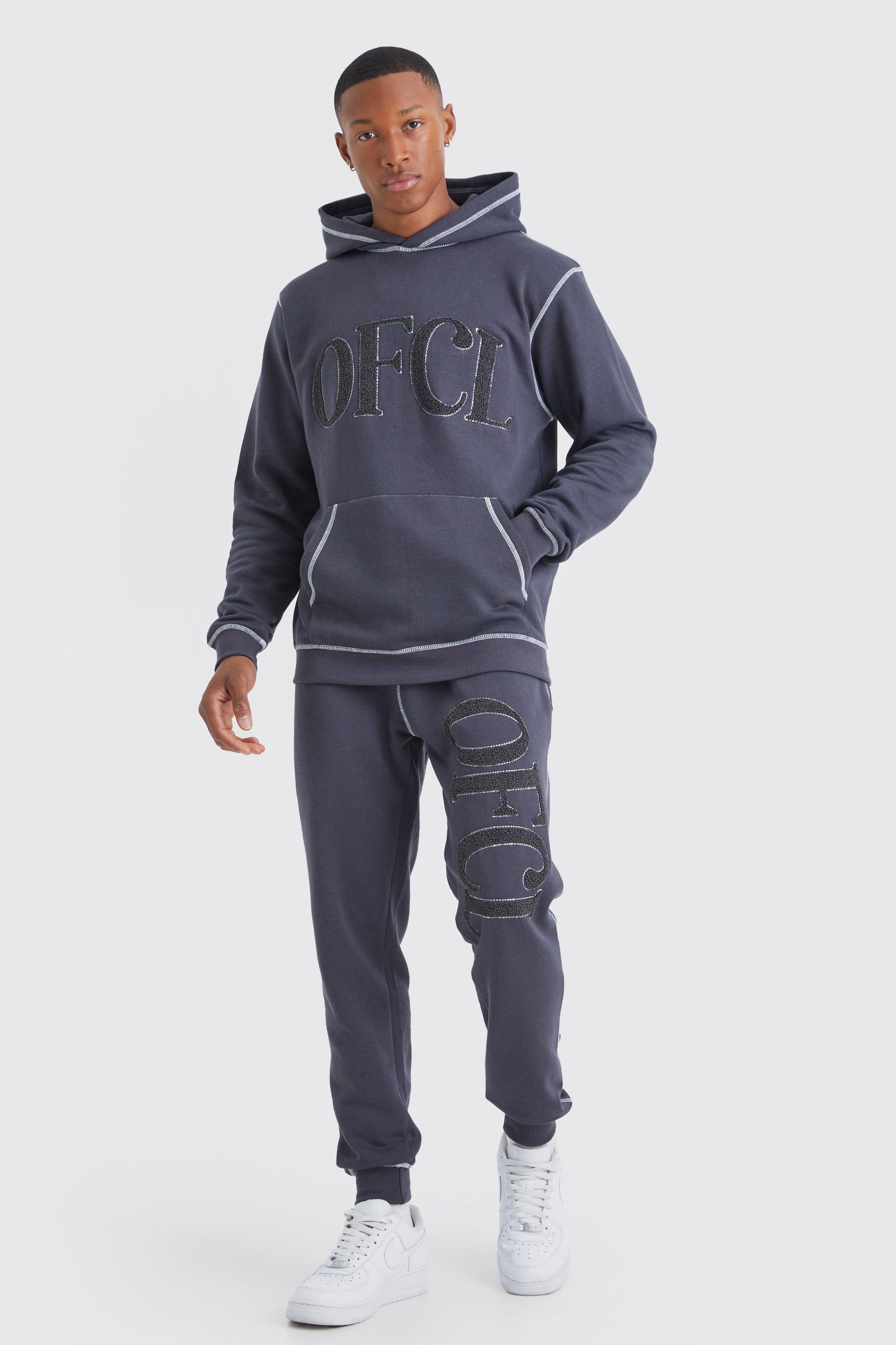 Mens Grey Regular Contrast Stitch Borg Applique Tracksuit, Grey Product Image