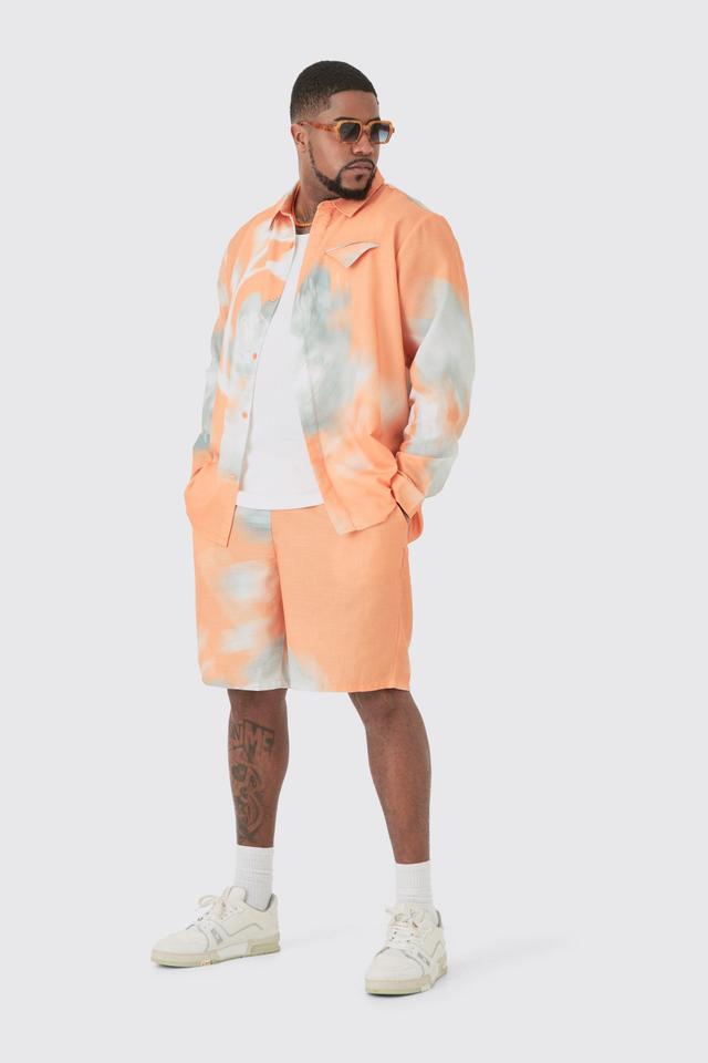 Plus Linen Look Pocket Detail Abstract Shirt & Short Set | boohooMAN USA Product Image