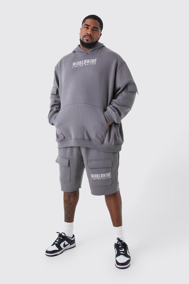 Plus Raw Hem Cargo Short Hooded Tracksuit | boohooMAN USA Product Image