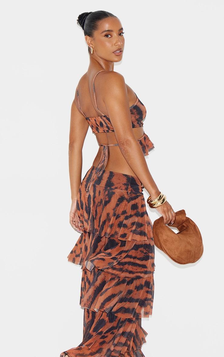 Brown Animal Printed Mesh Frill Wrap Detail Crop Top Product Image