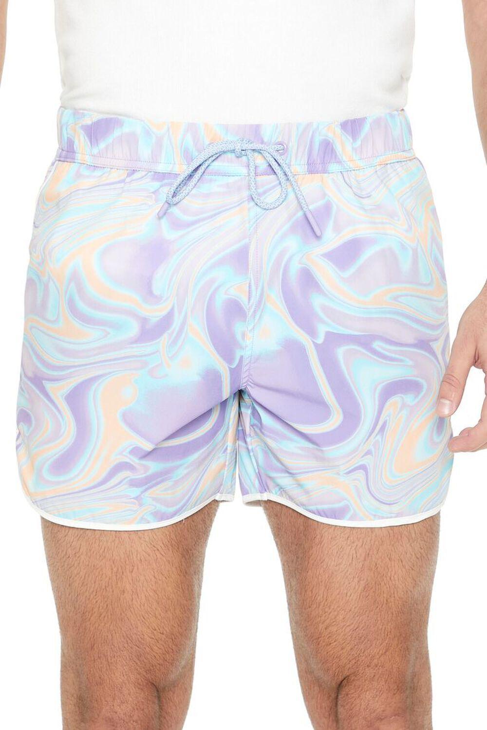 Oil Slick Print Short Inseam Swim Trunks | Forever 21 Product Image