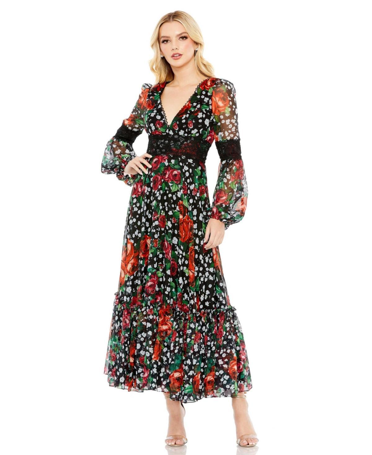 Womens V-Neck Floral Puff-Sleeve Ruffle Dress Product Image