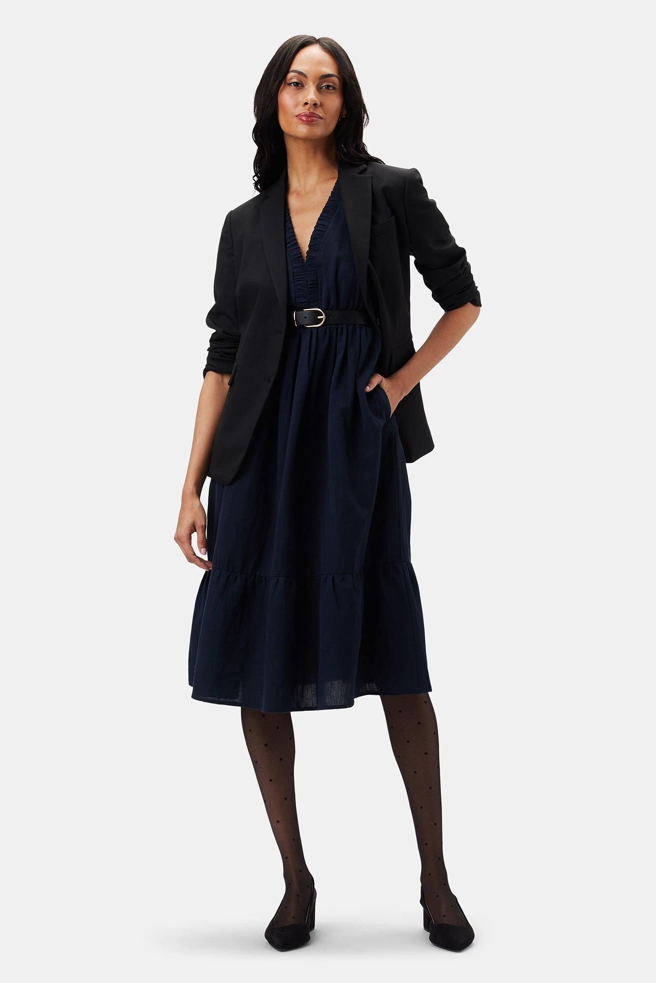 Danielle Cotton Linen Dress - Navy Blue Product Image