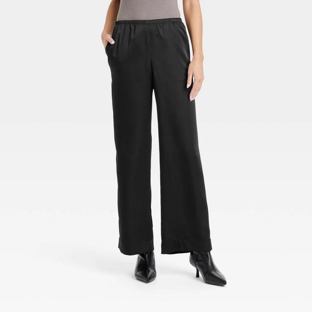 Womens Mid-Rise Straight Leg Satin Pull-On Pants - A New Day Black S Long Product Image