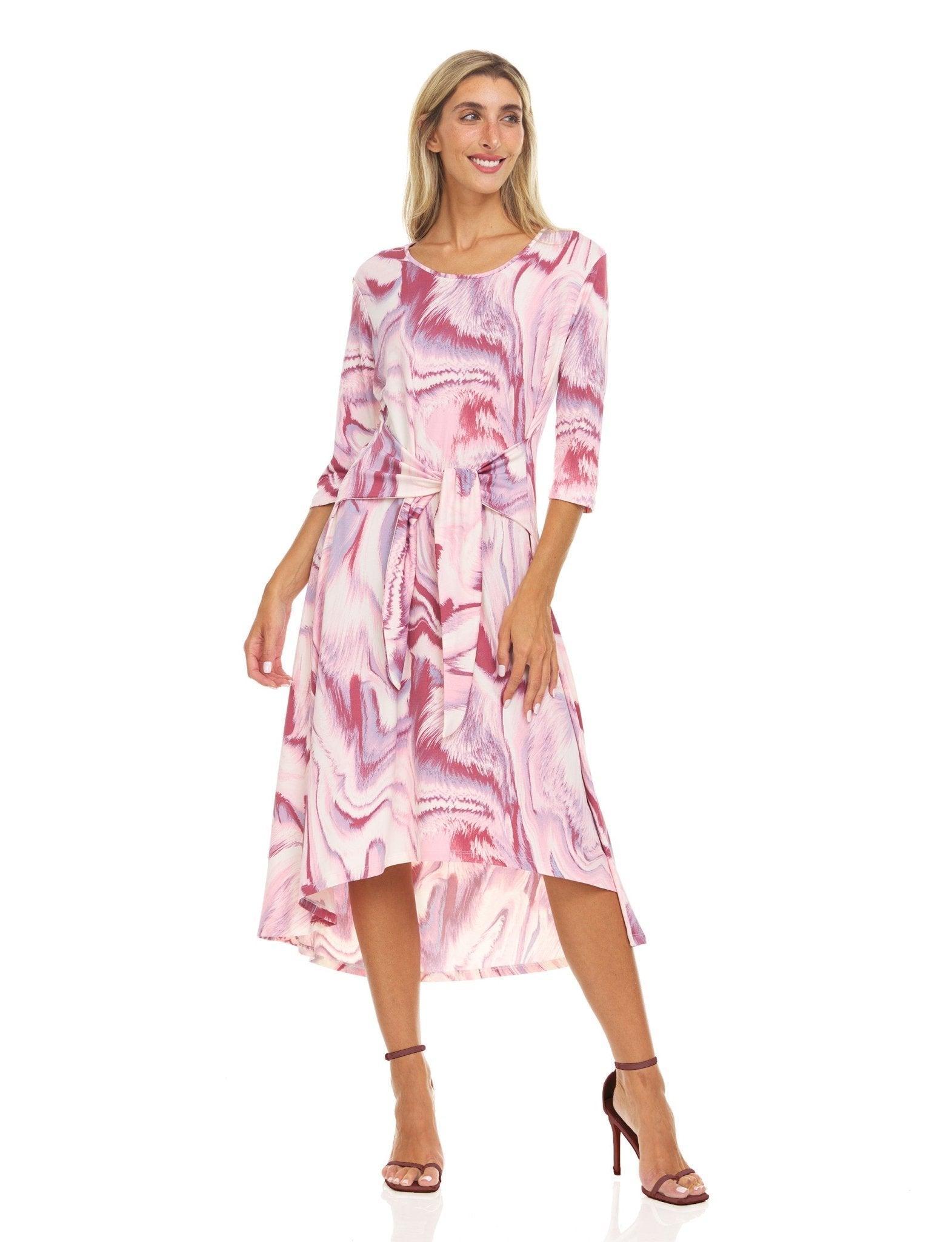 3/4 Sleeve Allover Printed Scoop Neck Midi Dress With Self Tie Belt Product Image