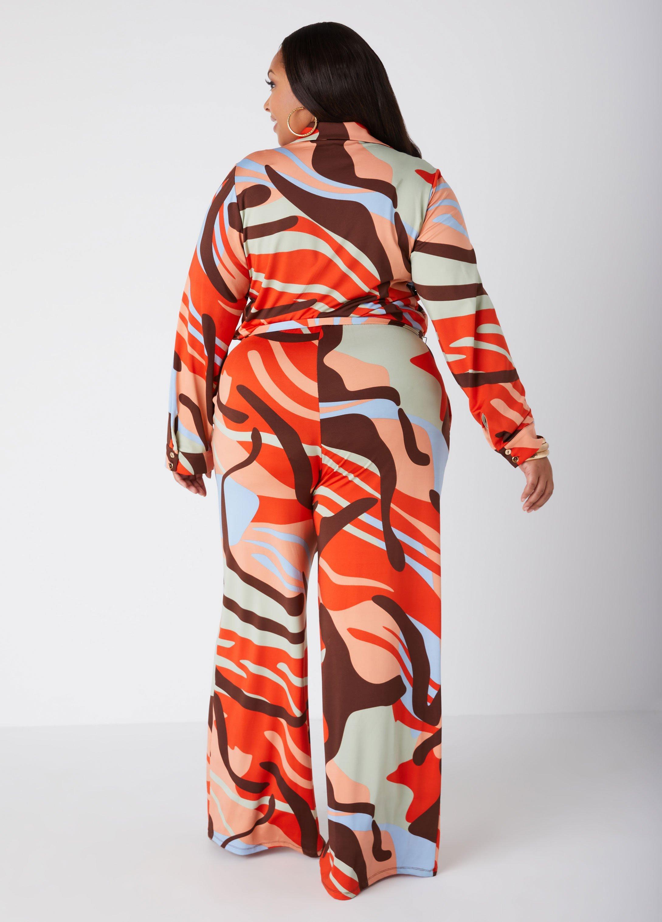 Plus Size Belted Swirl Print Jumpsuit, - Ashley Stewart Product Image