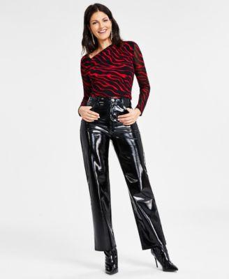 I.N.C. International Concepts Womens Zebra Print Asymmetric Mesh Sleeve Top Patent High Rise Straight Leg Pants Created For Macys Product Image