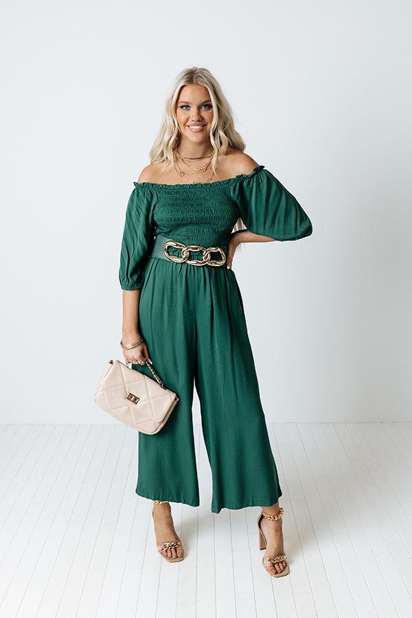 Moon Phase Smocked Jumpsuit In Hunter Green Product Image