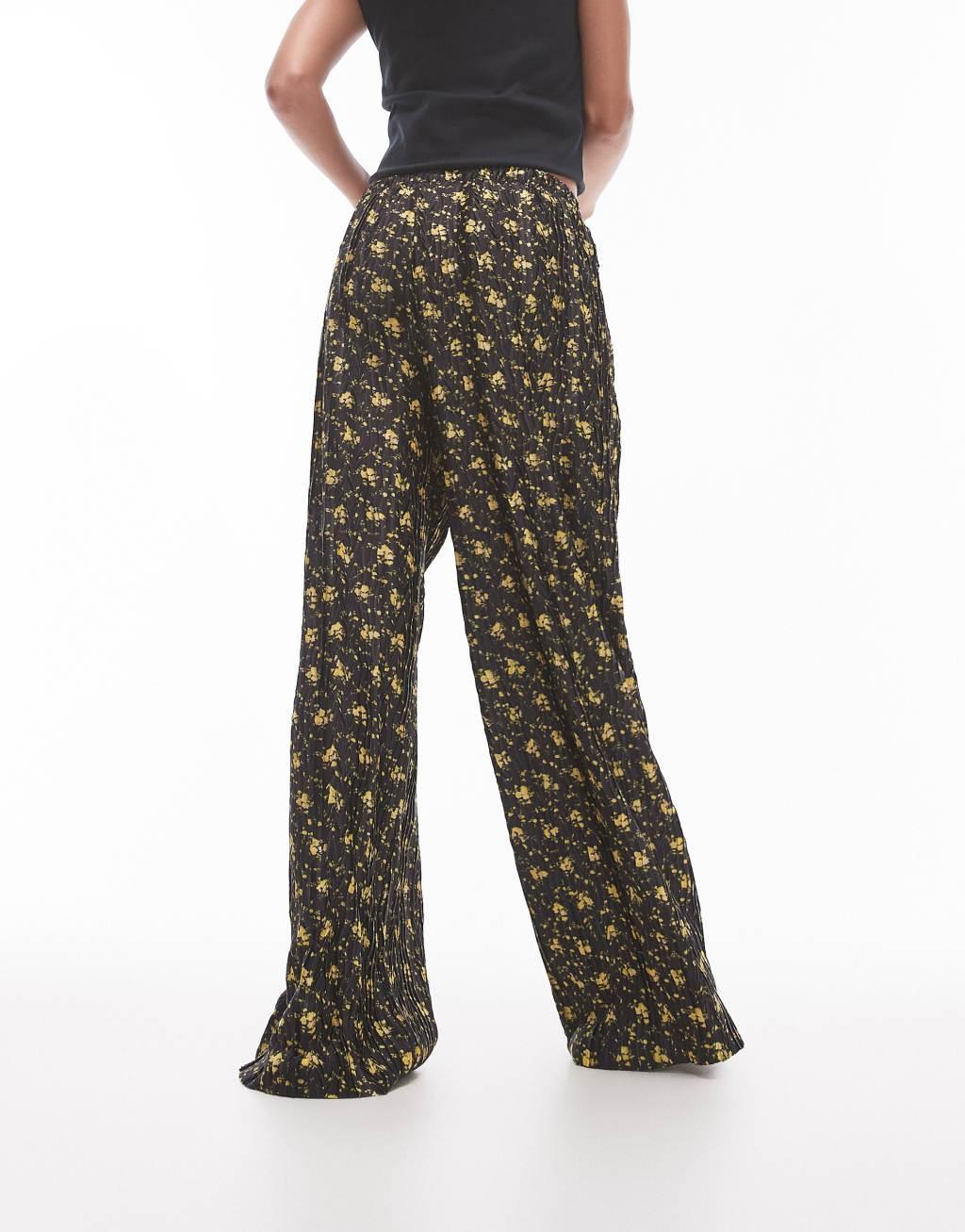 Topshop ditsy plisse wide leg pants in multi Product Image