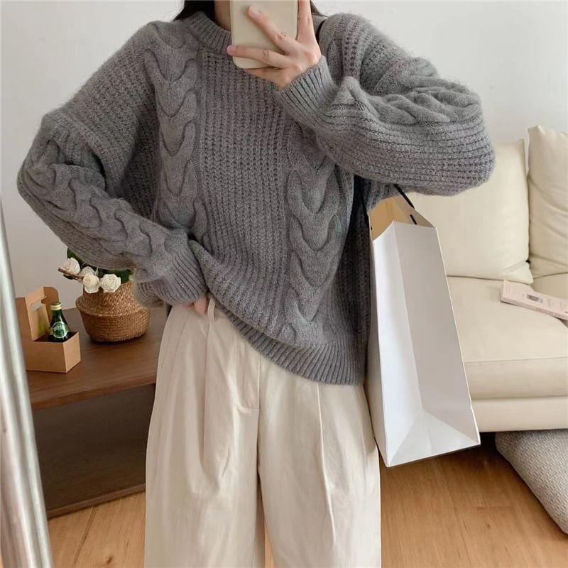 Round Neck Plain Cable Knit Sweater Product Image