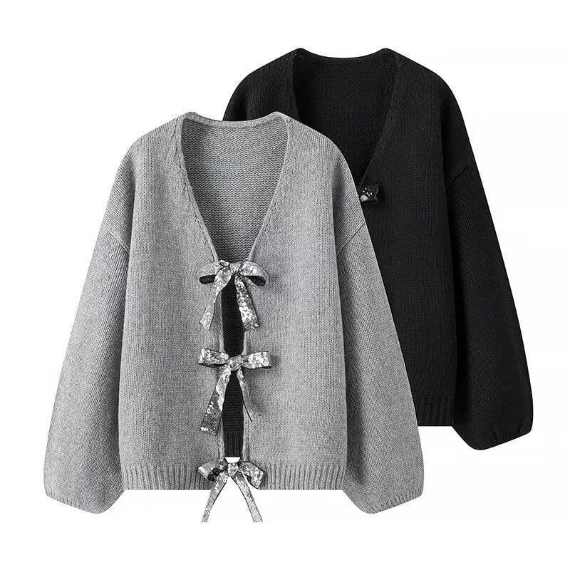 V-Neck Ribbon Accent Plain Cardigan Product Image