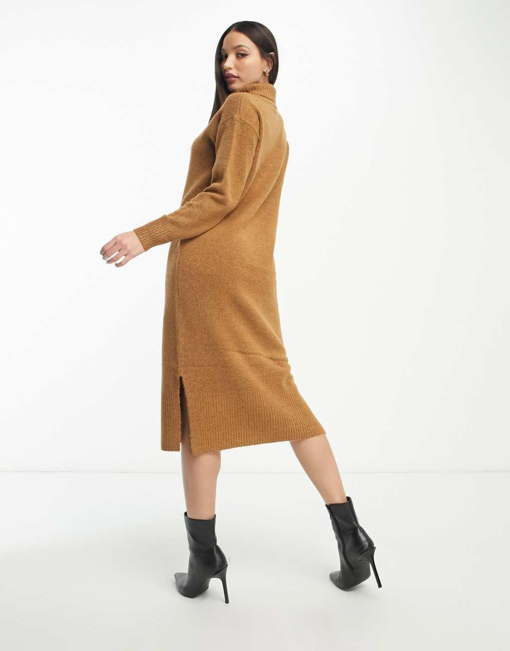 New Look Tall roll neck knitted midi dress in brown Product Image