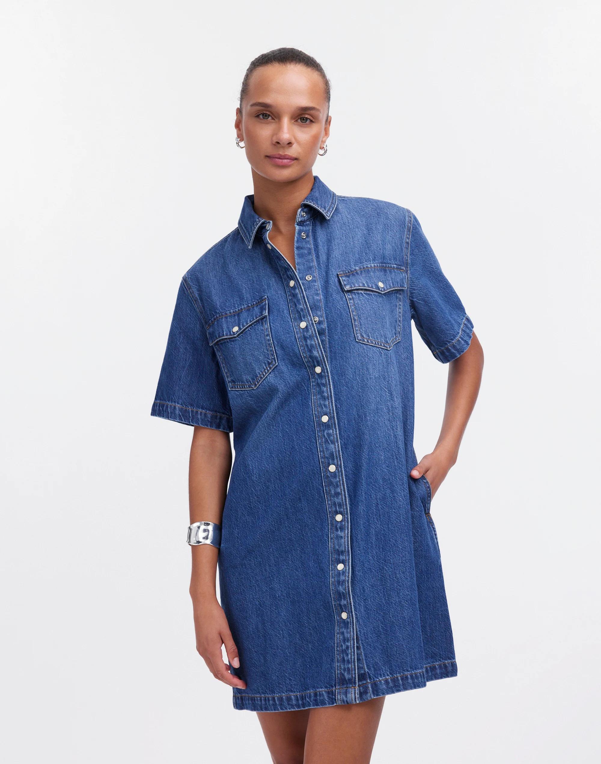 Denim Oversized Short-Sleeve Shirtdress in Santee Wash Product Image