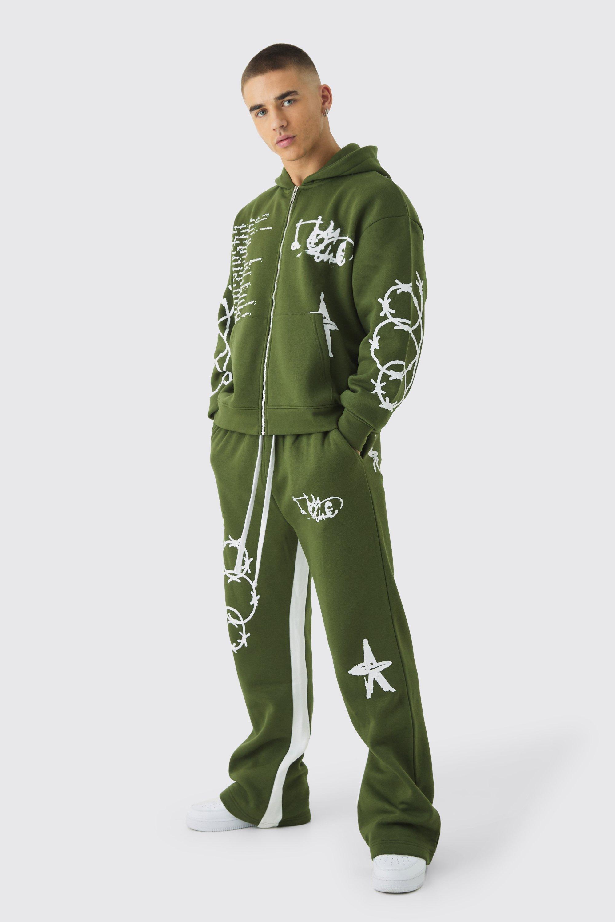 Oversized Multi Placement Graffiti Zip Through Gusset Hooded Tracksuit | boohooMAN USA Product Image