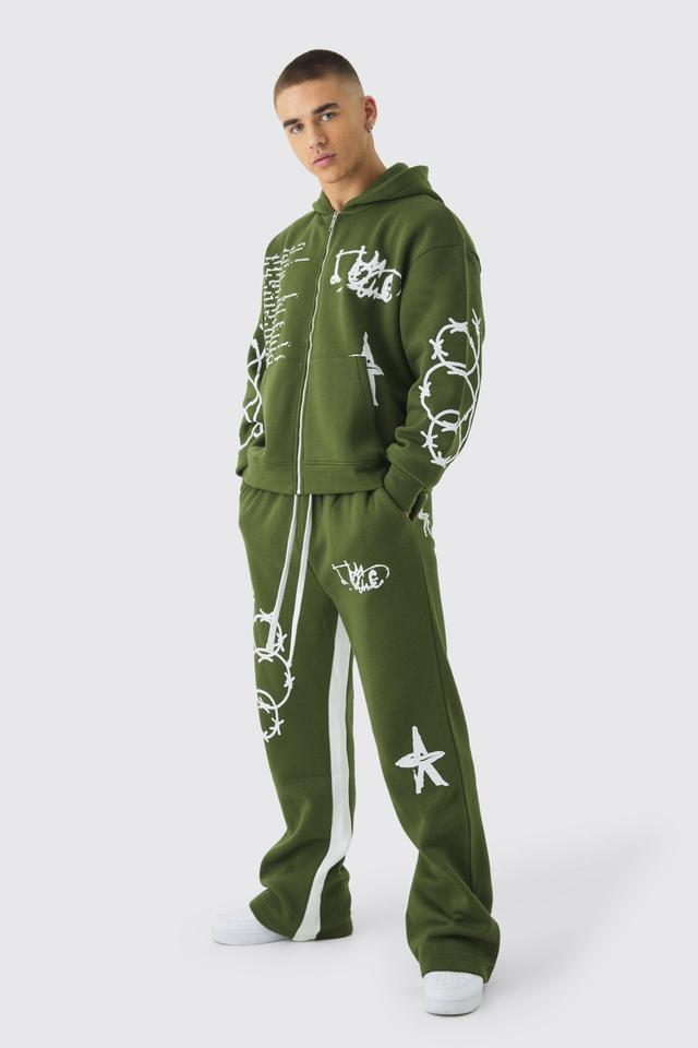 Oversized Multi Placement Graffiti Zip Through Gusset Hooded Tracksuit | boohooMAN USA Product Image