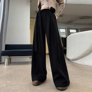 High Rise Plain Tie Rise Wide Leg Pants (Various Designs) Product Image