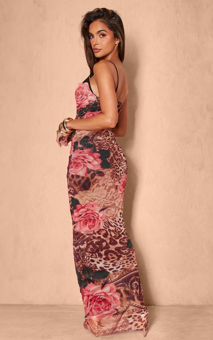 Pink Floral Leopard Print Mesh Cowl Neck Lace Cup Detail Maxi Dress Product Image