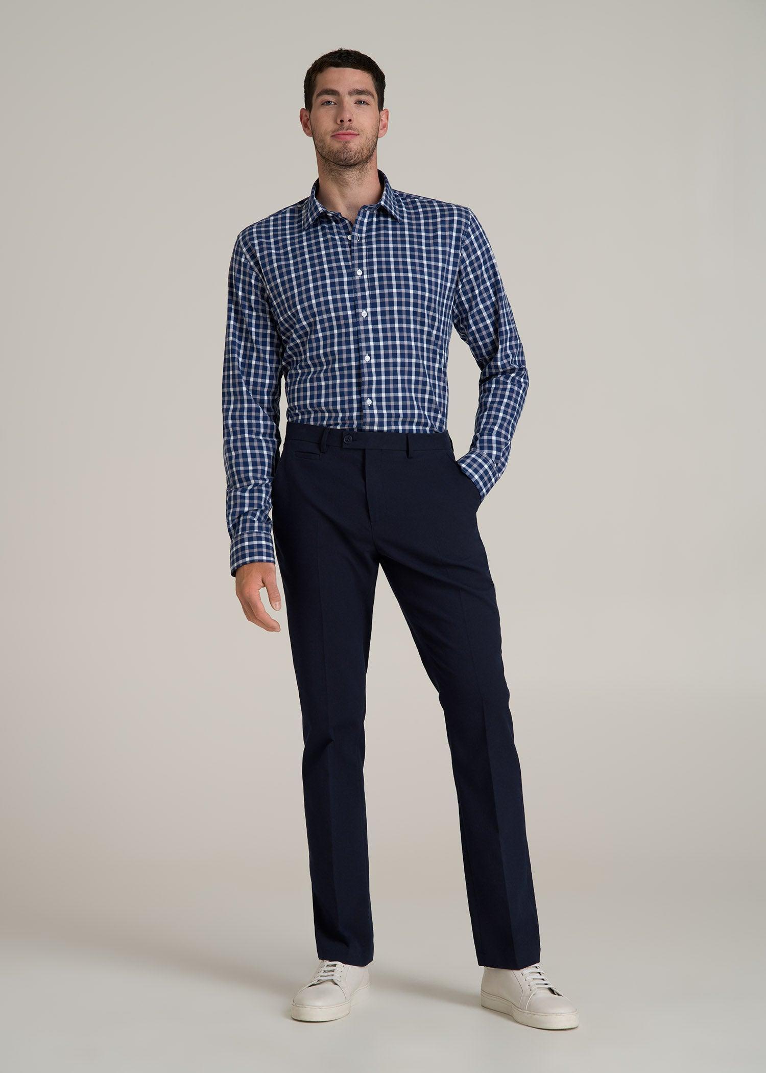 Oskar Button-Up Dress Shirt for Tall Men in Navy and Grey Grid Male Product Image