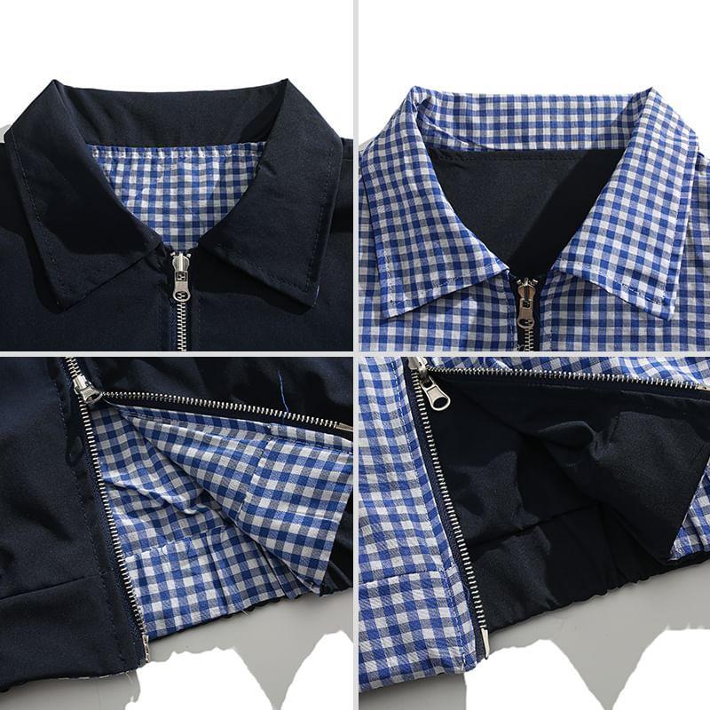 Collared Plaid Zip-Up Jacket Product Image