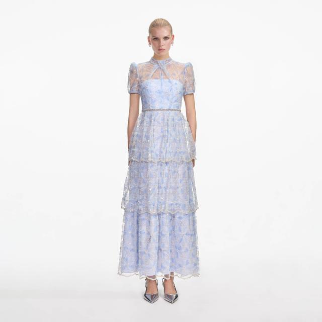 Blue Beaded Sequin Lace Maxi Dress Product Image