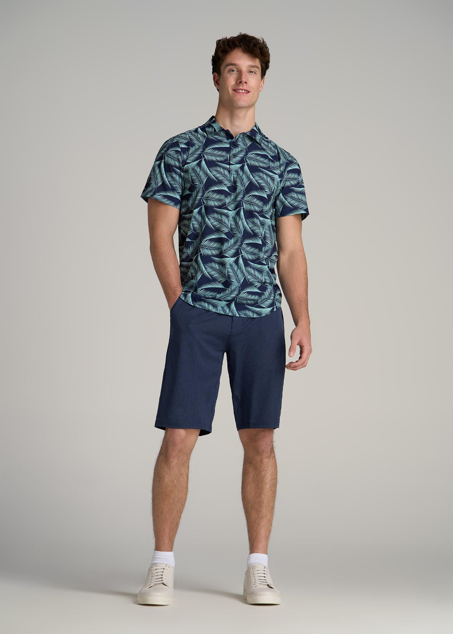 Coastal Perforated Tall Men's Polo Shirt in Navy and Aqua Palms Product Image