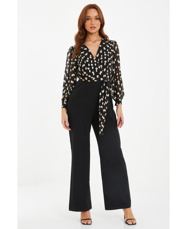 Quiz Womens Chiffon Gold & White Polka Dot Jumpsuit Product Image