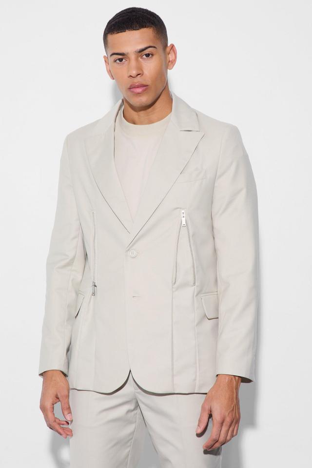 Mens Beige Skinny Fit Zip Dart Suit Jacket, Beige Product Image