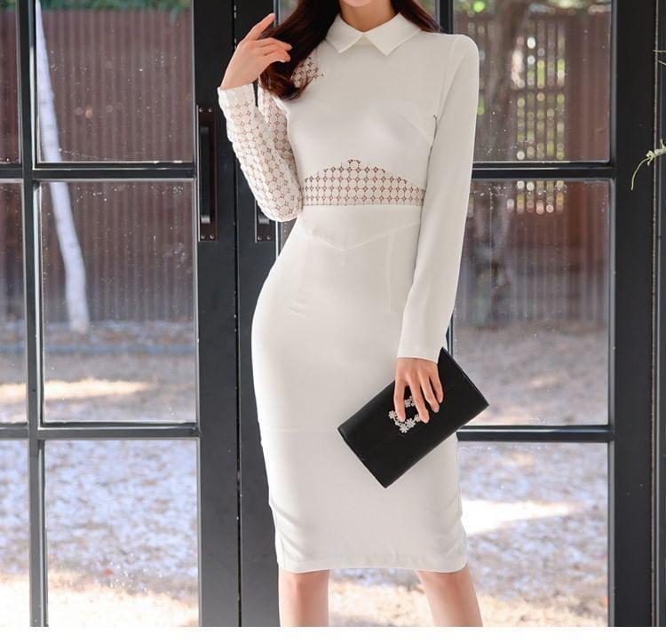 Long-Sleeve Collar Plain Lace Panel Slit Sheath Dress Product Image