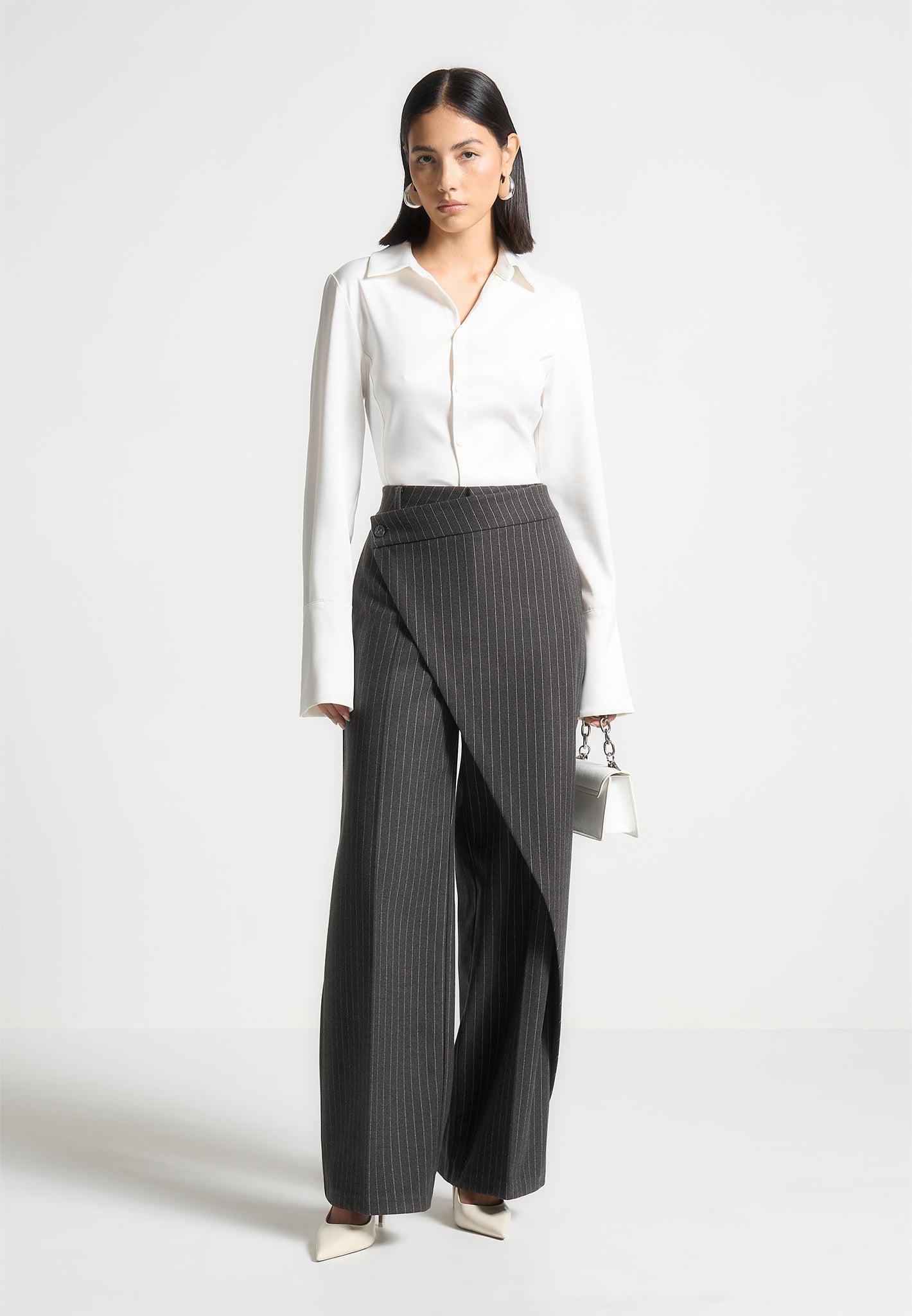 Wool Pinstripe Wrap Tailored Trousers - Grey Female Product Image