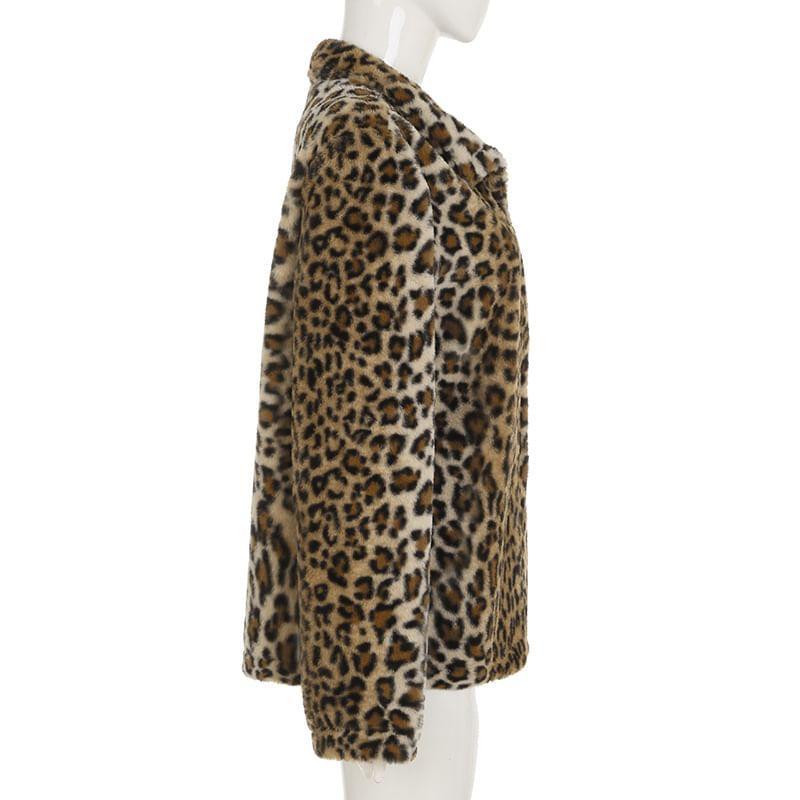 Stand Collar Leopard Print Fluffy Button-Up Jacket Product Image