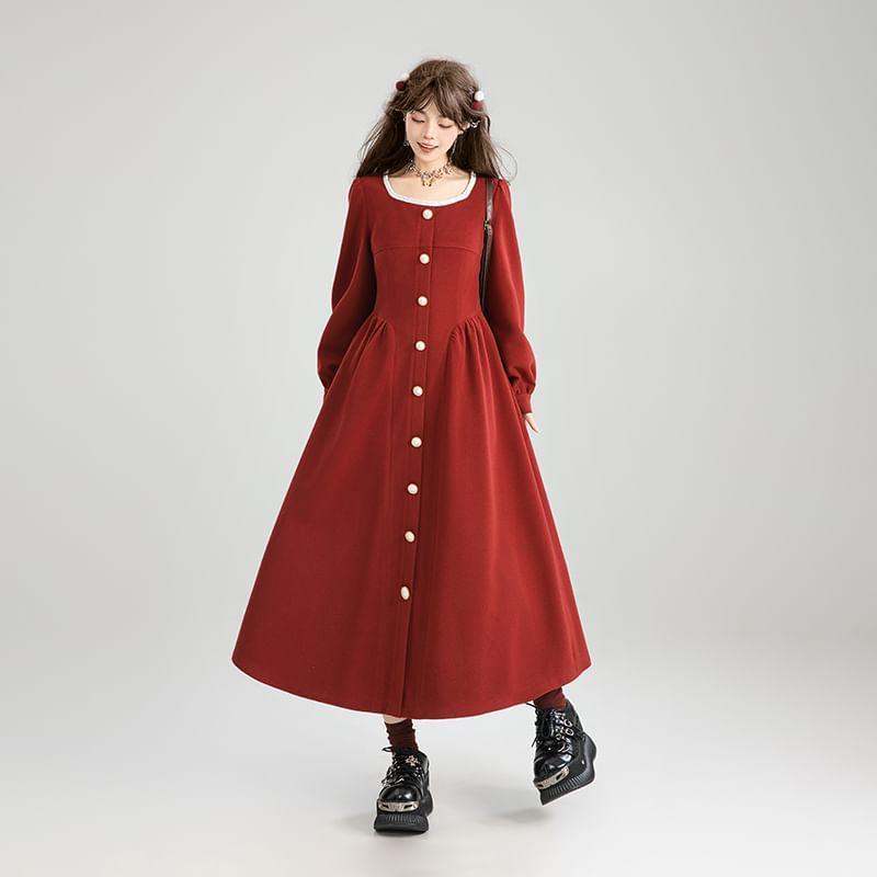 Long Sleeve Square Neck Faux Pearl Trim Button Gathered Midi A-Line Dress Product Image