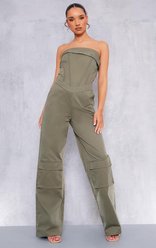 Khaki Corset Detail Utility Flared Bandeau Jumpsuit Product Image