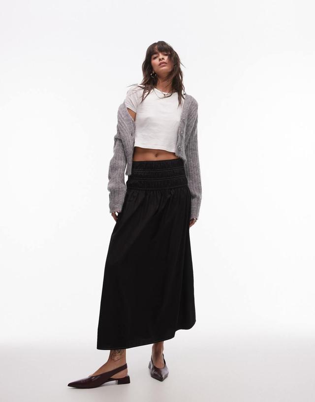 Topshop smocked waist maxi skirt in black with white topstitching Product Image