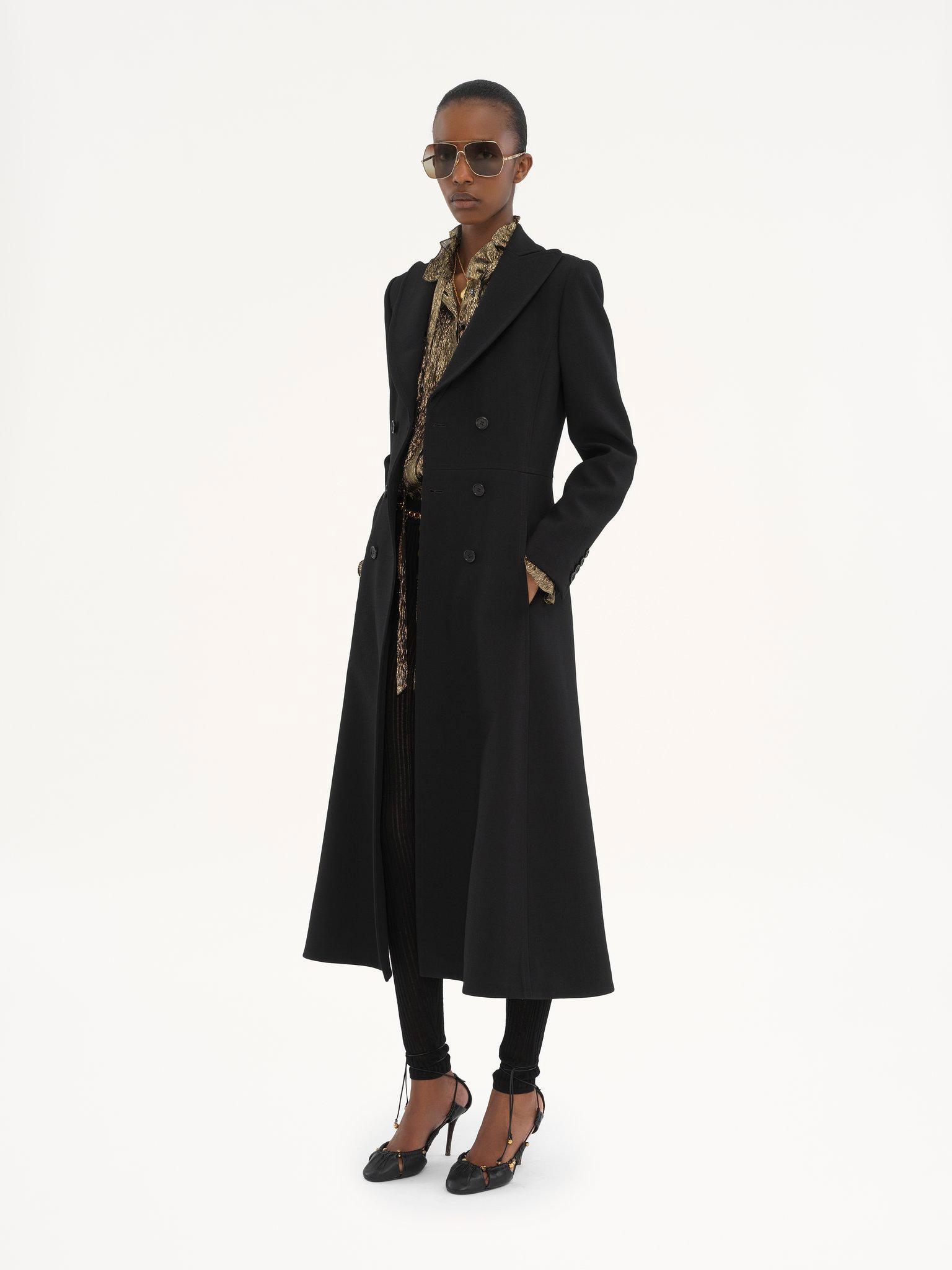 Fitted long double-breasted coat in wool crêpe Product Image