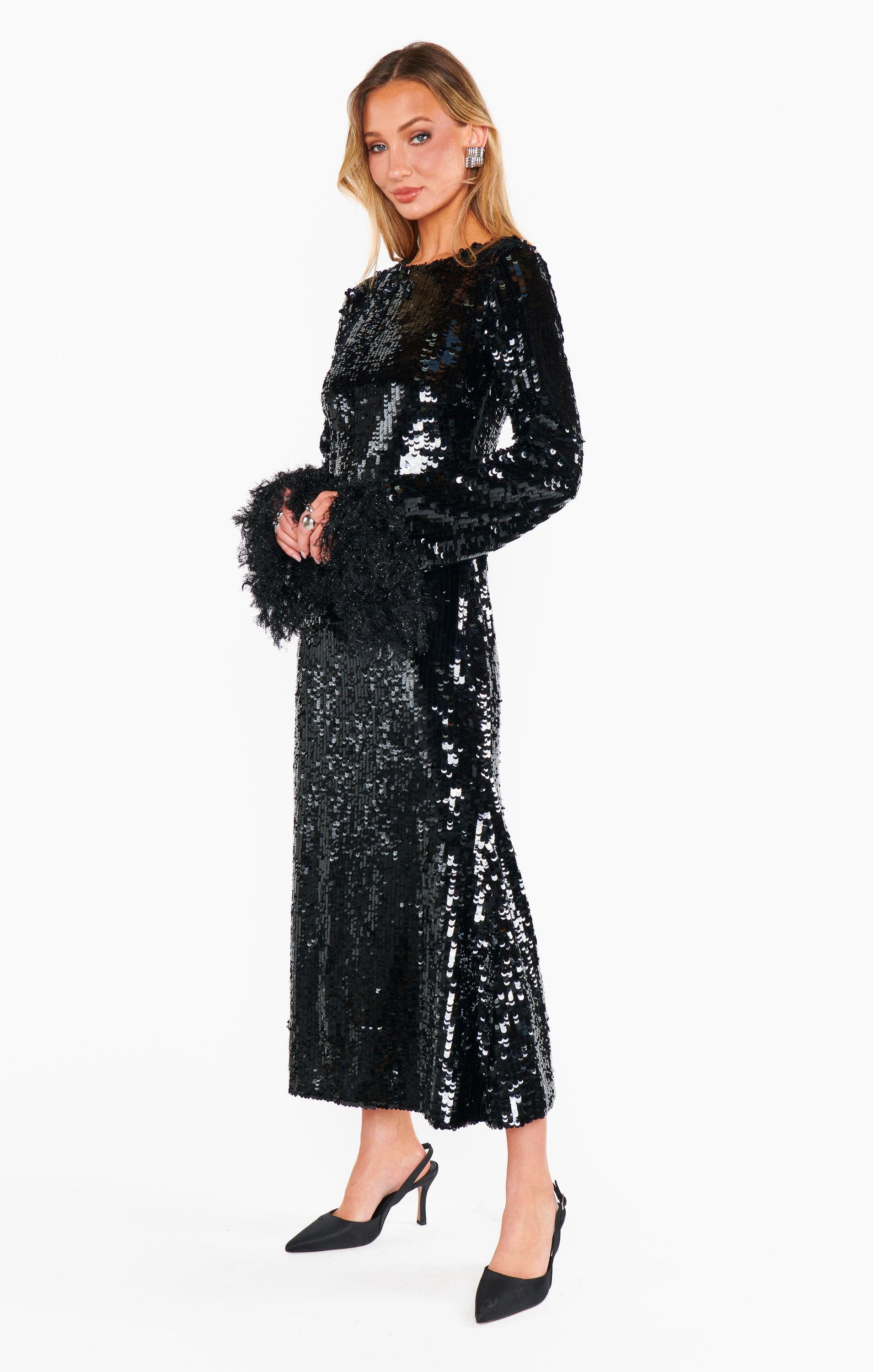 Priscilla Dress ~ Black Sequins with Fringe Product Image