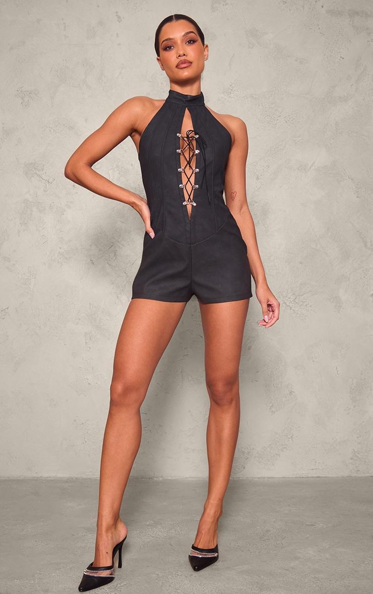 Black Faux Leather Lace Up Halterneck Romper Product Image