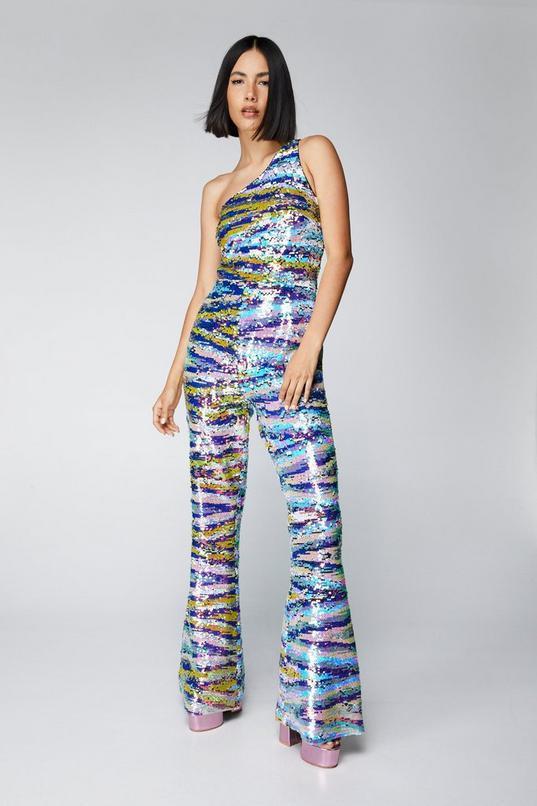 Premium Sequin Stripe One Shoulder Jumpsuit Product Image