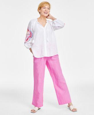 Charter Club Womens Embroidered Peasant Top Linen Pants Created For Macys Product Image