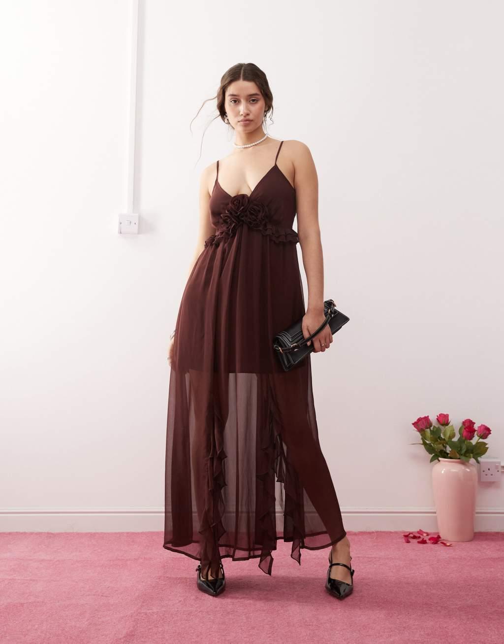 Miss Selfridge chiffon corsage detail cami maxi dress in brown Product Image