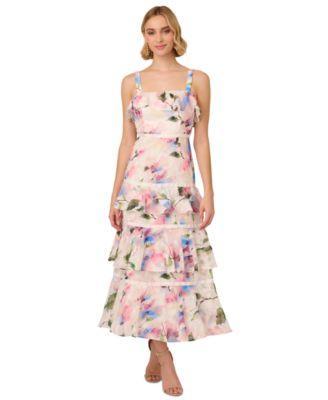 Adrianna Papell Womens Printed Straight-Neck Tiered Chiffon Dress Product Image