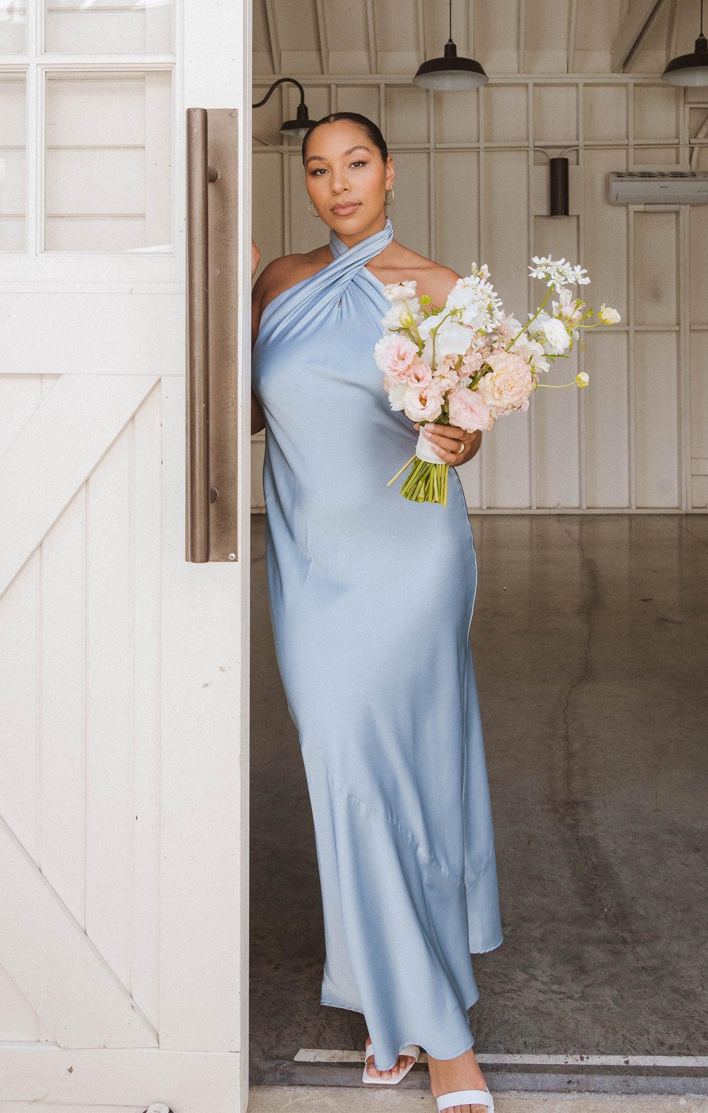 Jasmine Halter Maxi Dress ~ Steel Blue Luxe Satin Product Image