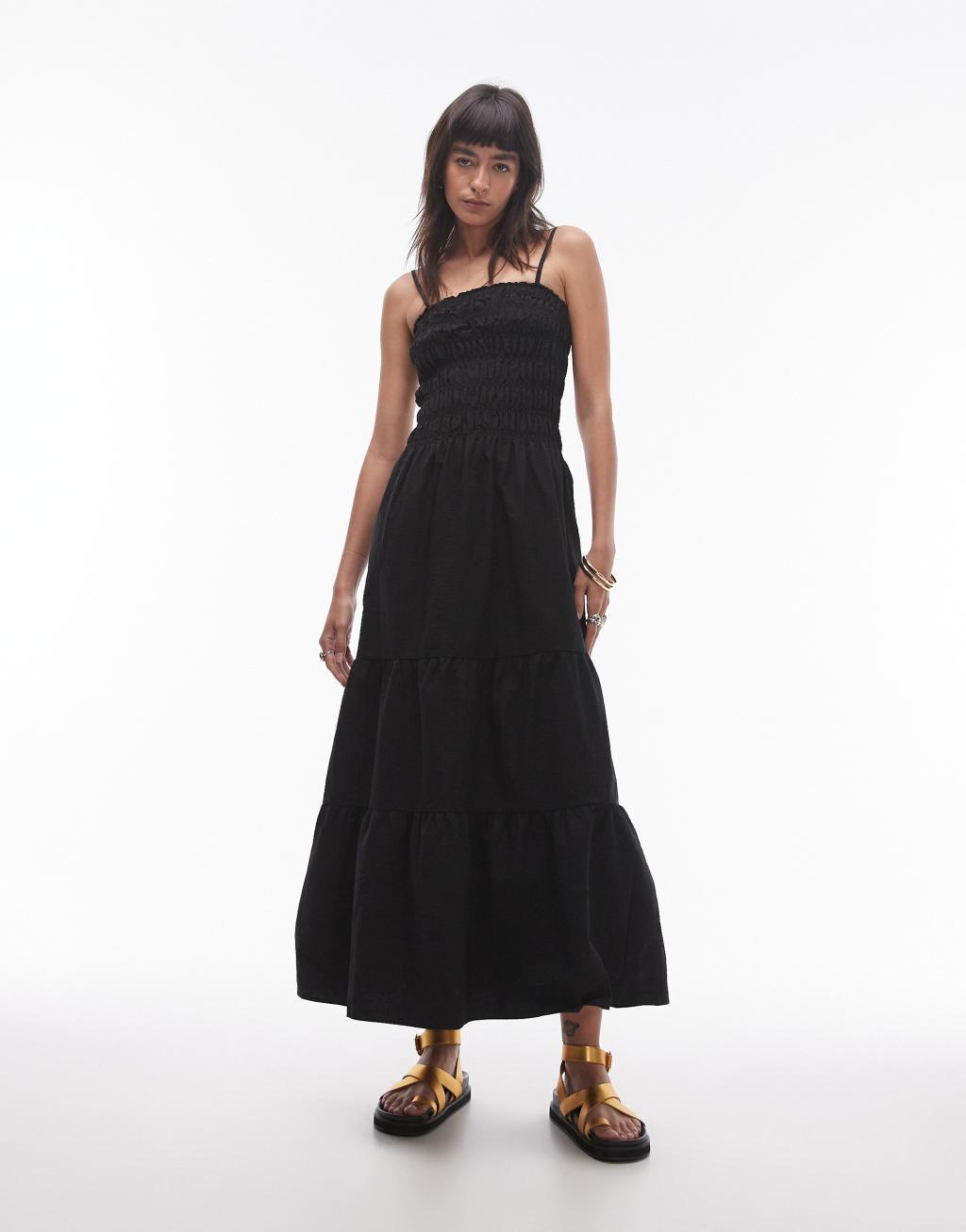 Topshop shirred midi dress in black Product Image