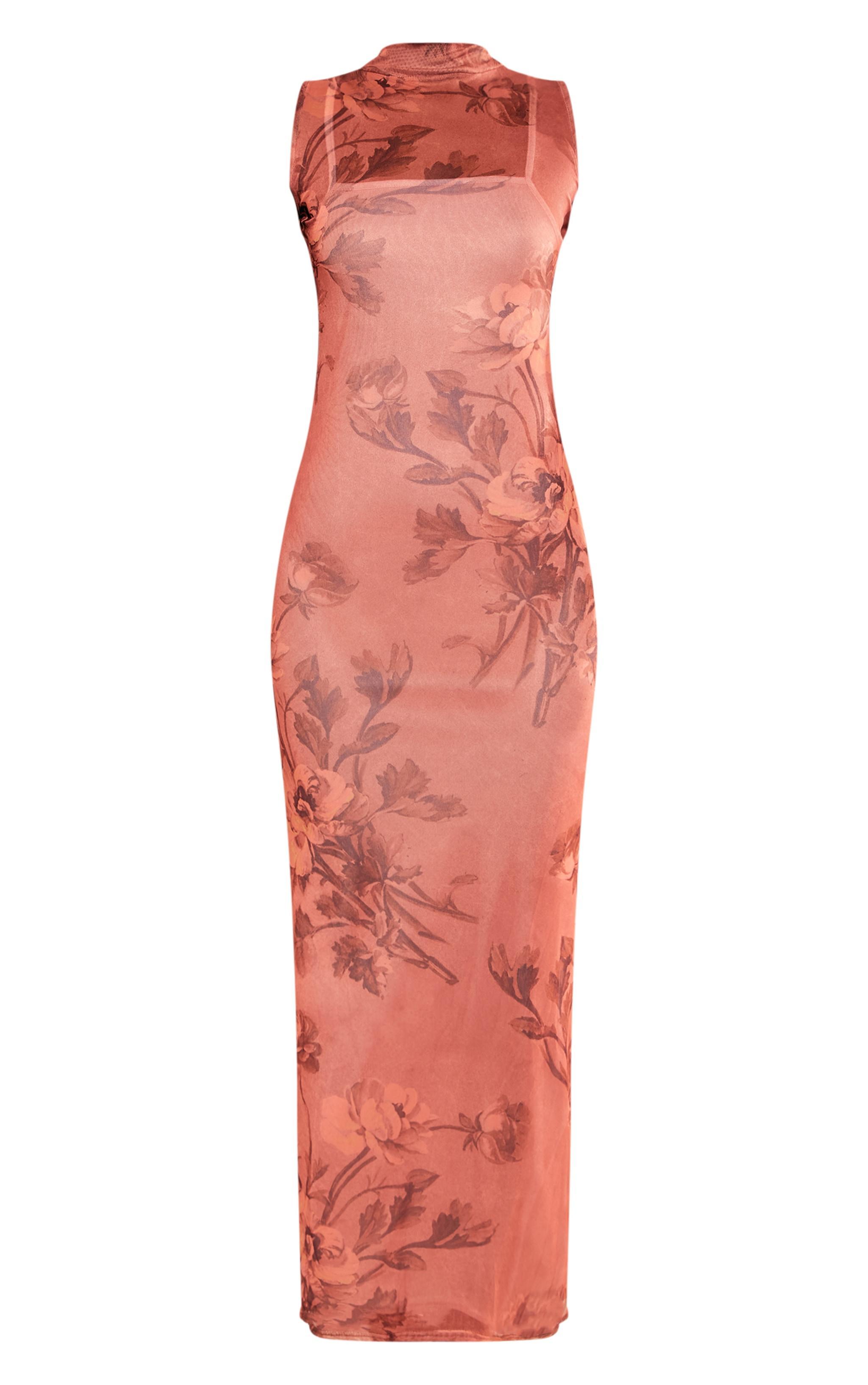 Rust Printed Mesh Overlay Maxi Dress Product Image