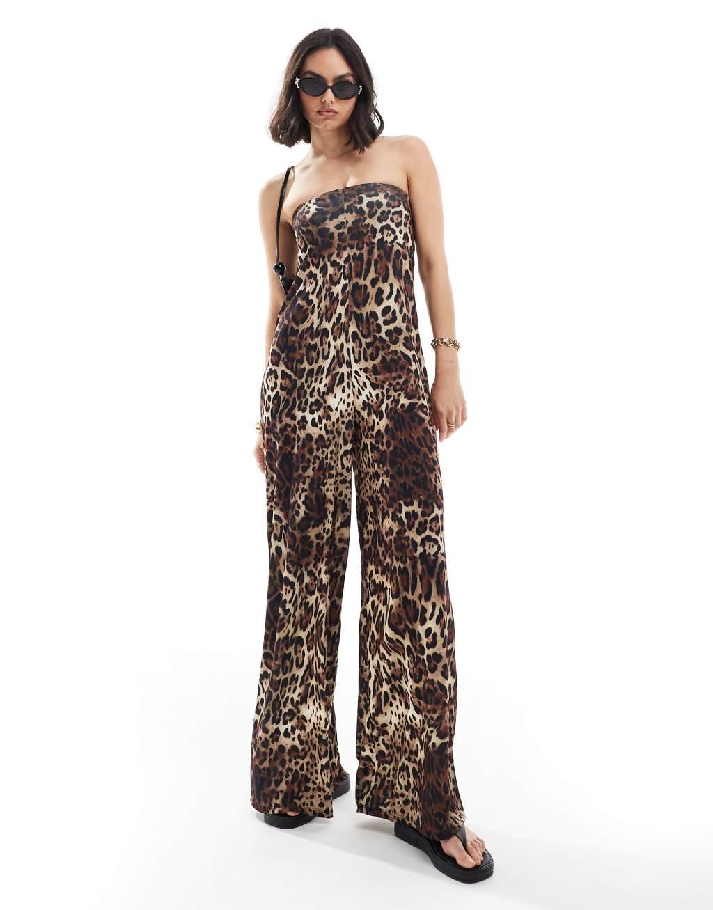 ASOS DESIGN bandeau trapeze jumpsuit in leopard print Product Image