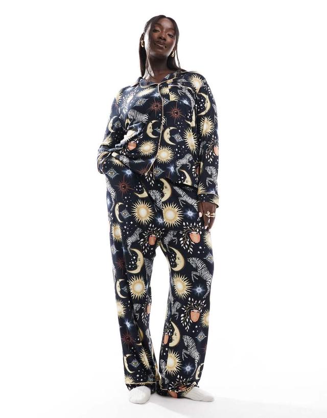 Chelsea Peers Exclusive Curve moon and zebra print long sleeve camp collar shirt and pants pajama set in navy Product Image