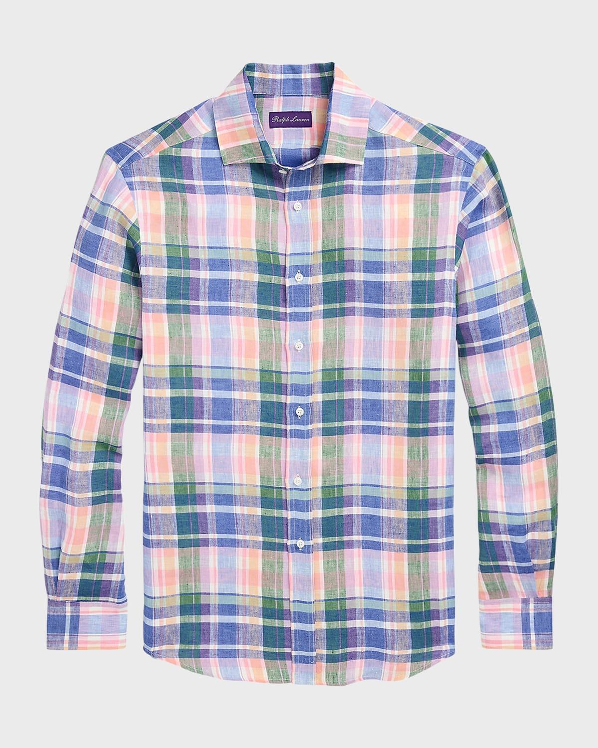 Mens Plaid Linen Long-Sleeve Sport Shirt Product Image