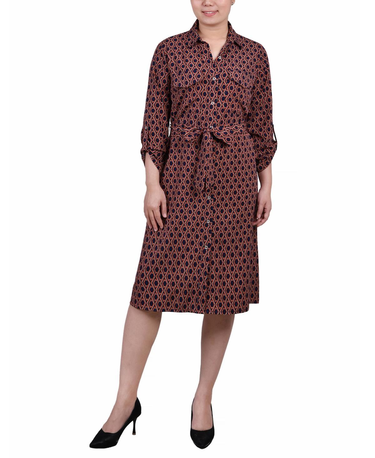 Ny Collection Petite Geometric Printed Long Sleeve Roll Tab Shirtdress Product Image