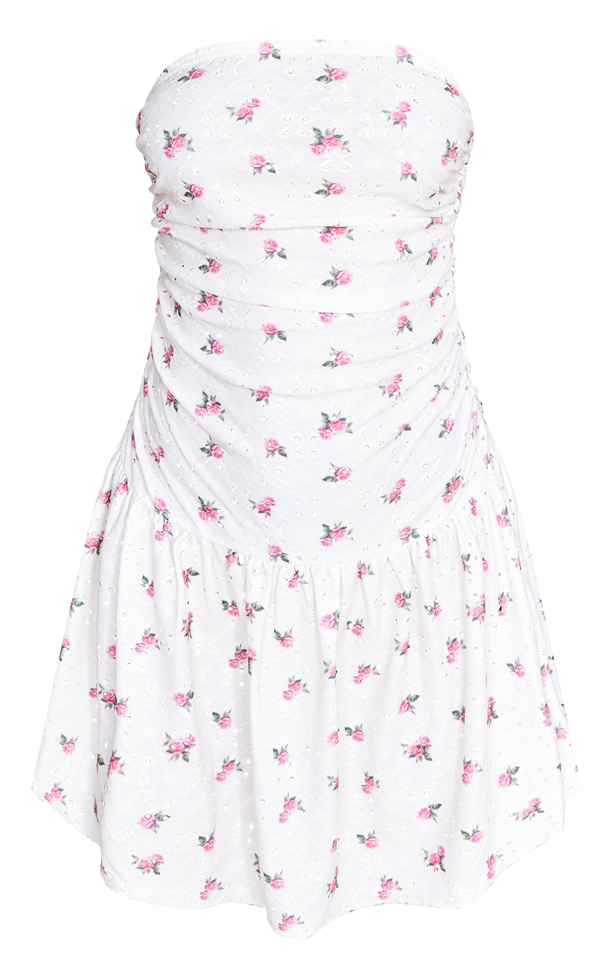 Cream Floral Printed Broderie Frill Bandeau Bodycon Dress Product Image