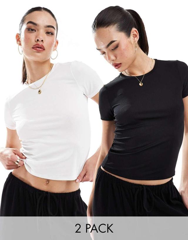 Vero Moda slinky fine ribbed 2 pack T-shirts in black and white Product Image